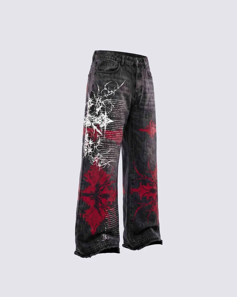 KIIKIO SYMBIOTE Gothic Graphic Washed Wide-Leg Jeans