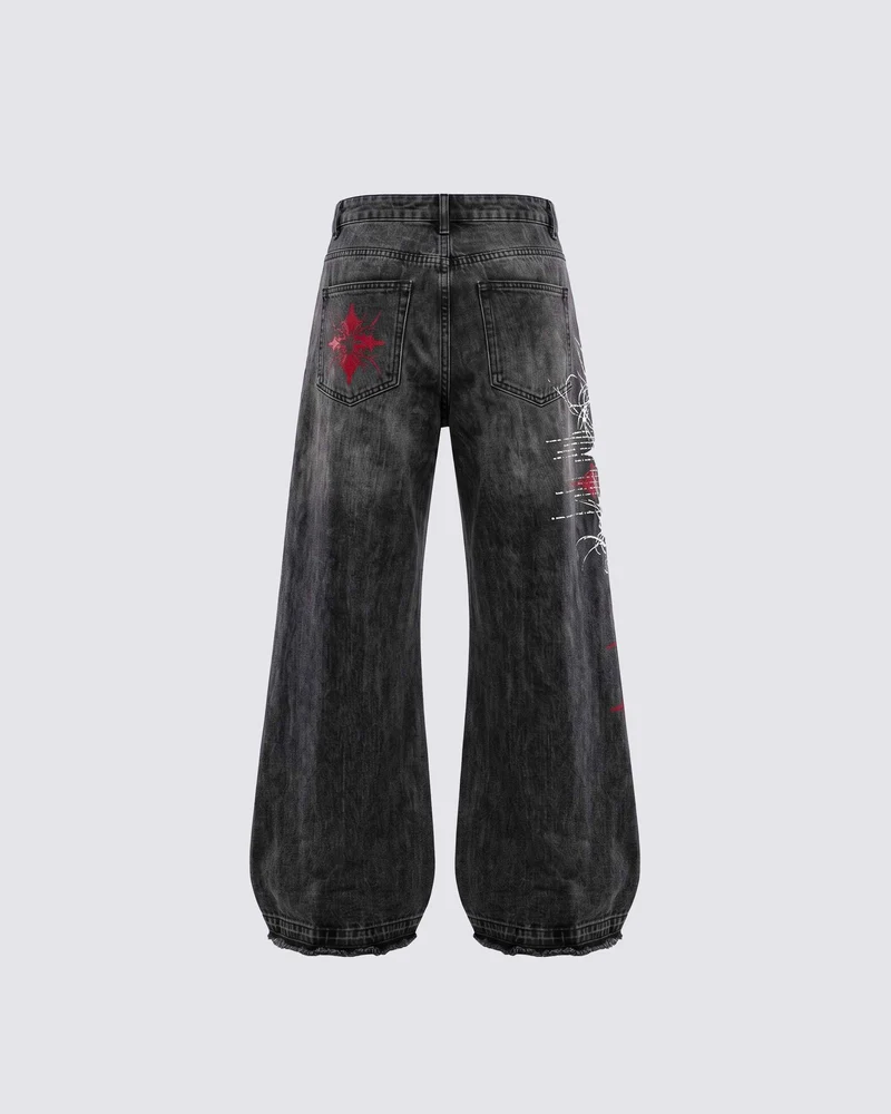 KIIKIO SYMBIOTE Gothic Graphic Washed Wide-Leg Jeans