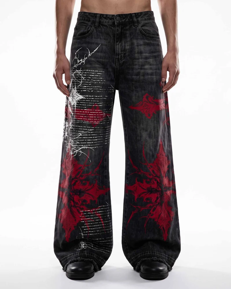 KIIKIO SYMBIOTE Gothic Graphic Washed Wide-Leg Jeans