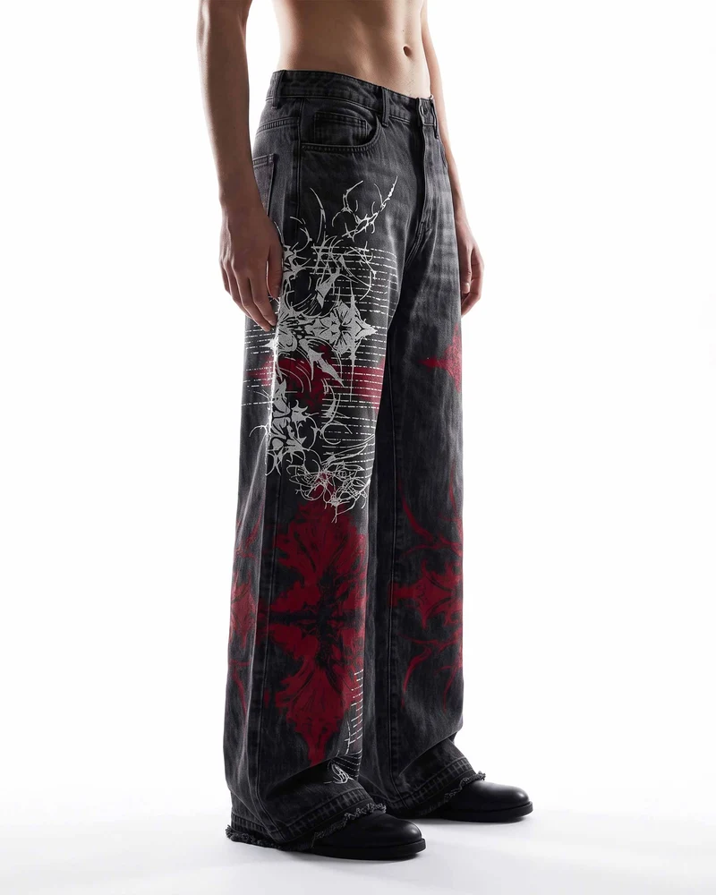 KIIKIO SYMBIOTE Gothic Graphic Washed Wide-Leg Jeans