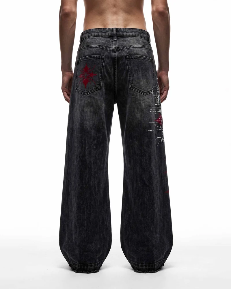 KIIKIO SYMBIOTE Gothic Graphic Washed Wide-Leg Jeans