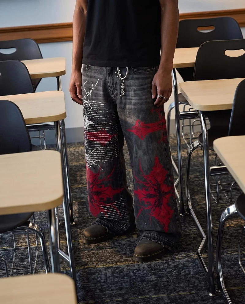 KIIKIO SYMBIOTE Gothic Graphic Washed Wide-Leg Jeans