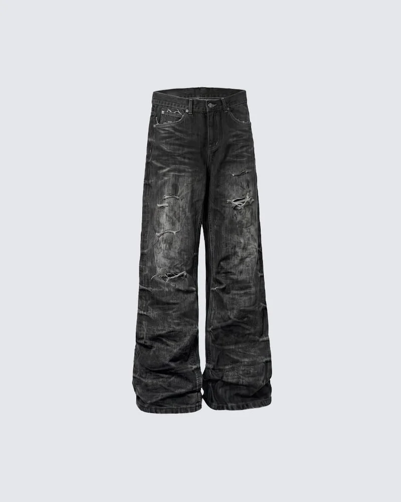 KIIKIO Retro Dirty-Washed Distressed Wide-Leg Jeans