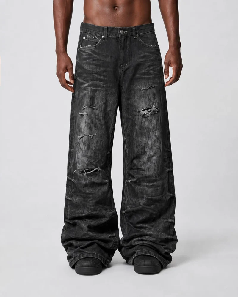 KIIKIO Retro Dirty-Washed Distressed Wide-Leg Jeans