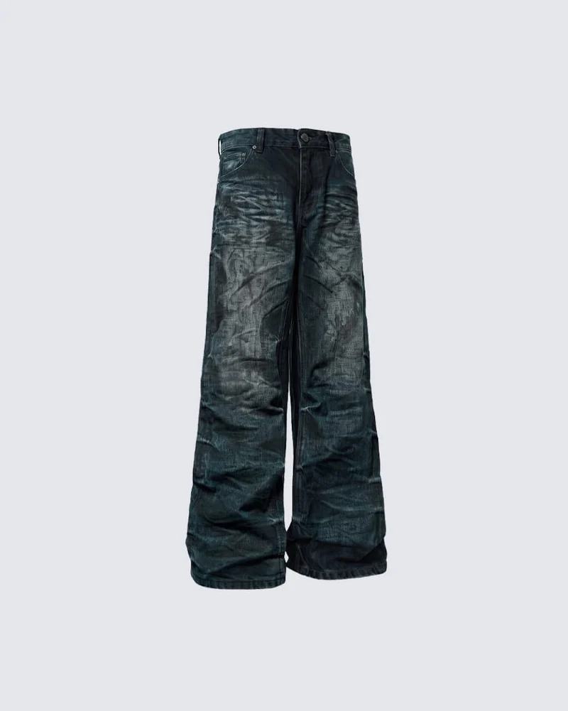 KIIKIO Vintage Dirty-Washed Textured Wide-Leg Jeans