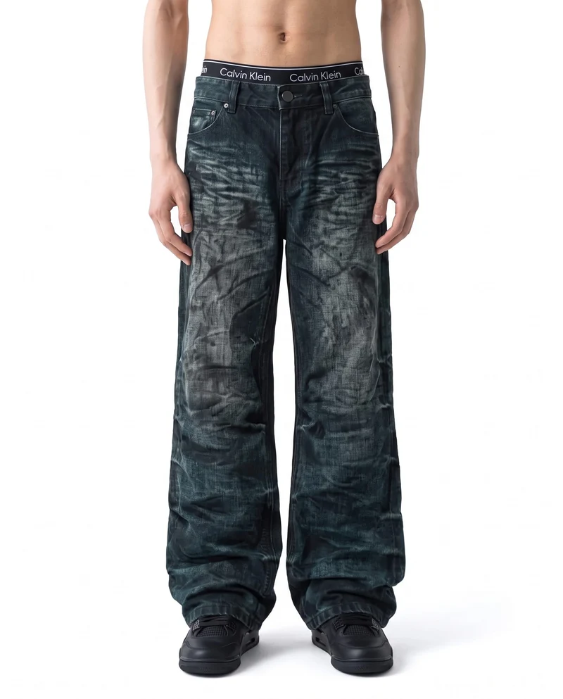 KIIKIO Vintage Dirty-Washed Textured Wide-Leg Jeans