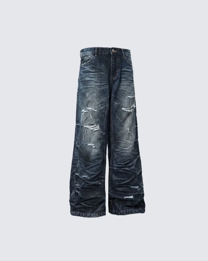 KIIKIO Vintage Distressed Wide-Leg Jeans