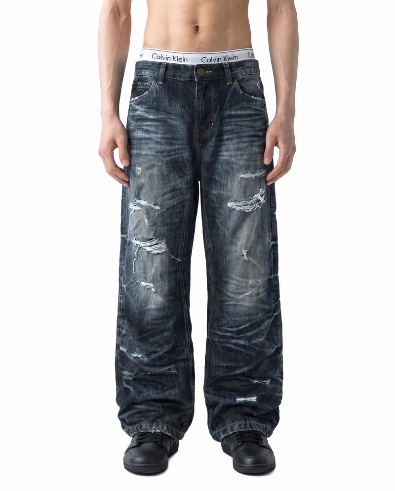 KIIKIO Vintage Distressed Wide-Leg Jeans