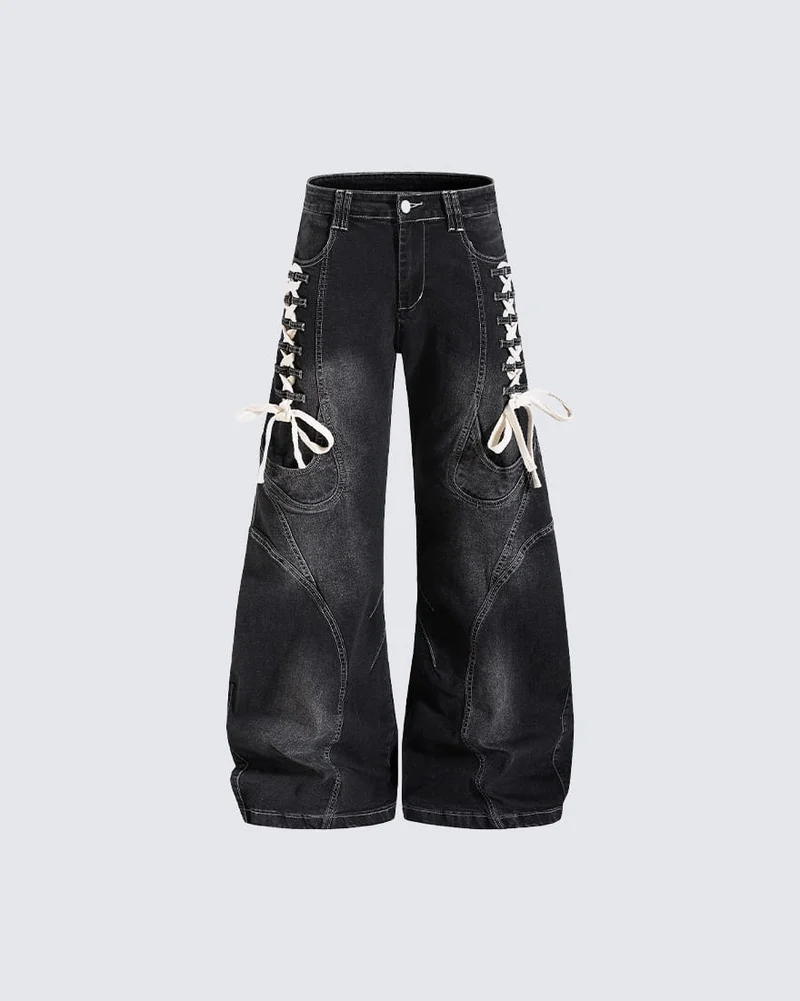 KIIKIO Y2K Washed Lace-Up Jeans