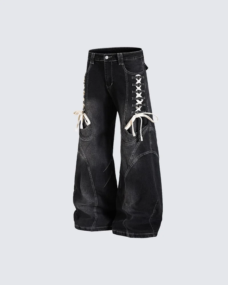 KIIKIO Y2K Washed Lace-Up Jeans