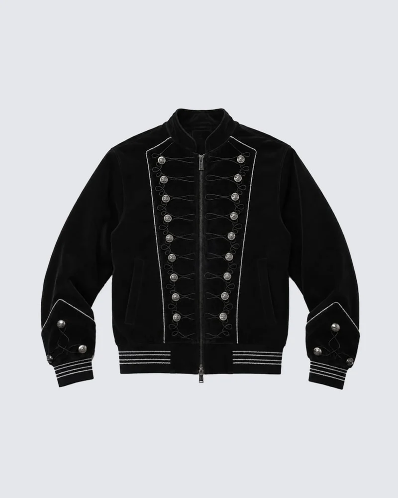KIIKIO Vintage Dark Palace Braided Silver‑Button Bomber Jacket