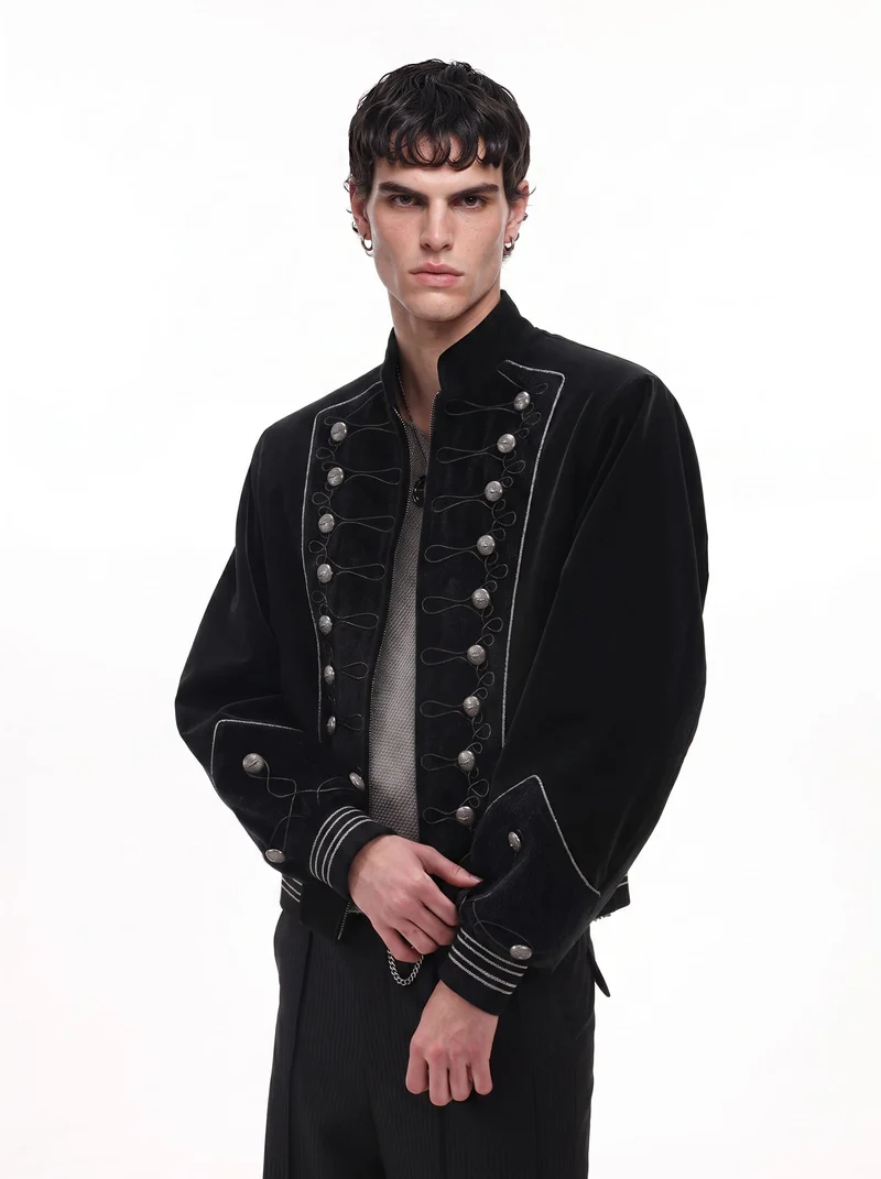 KIIKIO Vintage Dark Palace Braided Silver‑Button Bomber Jacket