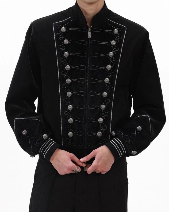 KIIKIO Vintage Dark Palace Braided Silver‑Button Bomber Jacket