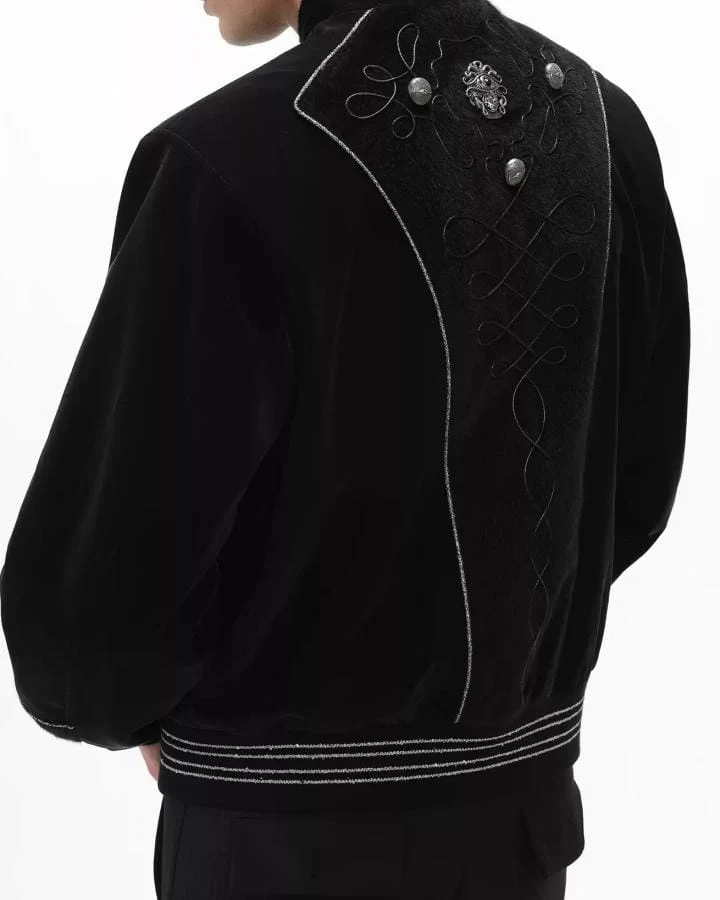 KIIKIO Vintage Dark Palace Braided Silver‑Button Bomber Jacket