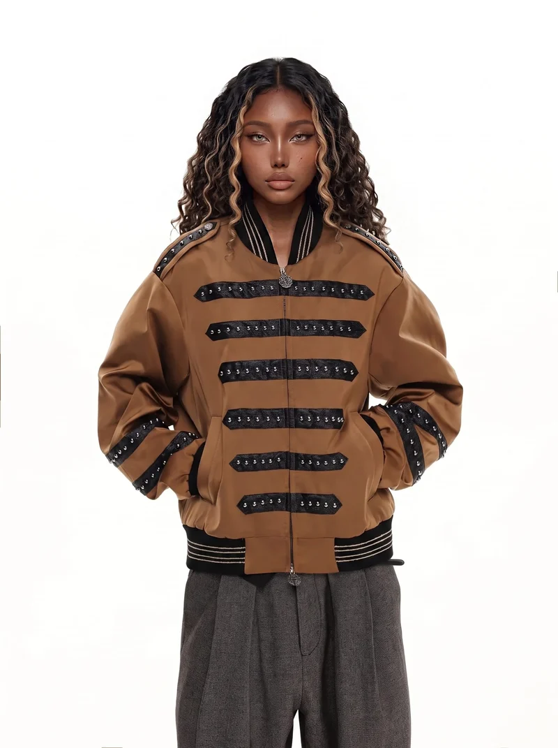 KIIKIO Vintage Military Studded Bomber Jacket