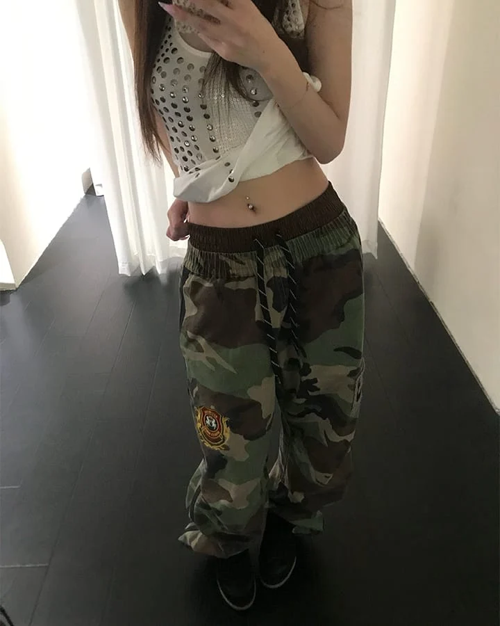 KIIKIO Utility Double Waist Camo Cargo Pants