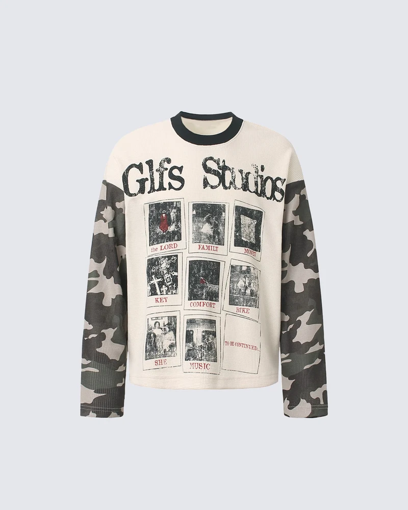 KIIKIO Street Contrast Graphic Waffle Long Sleeve T-Shirt
