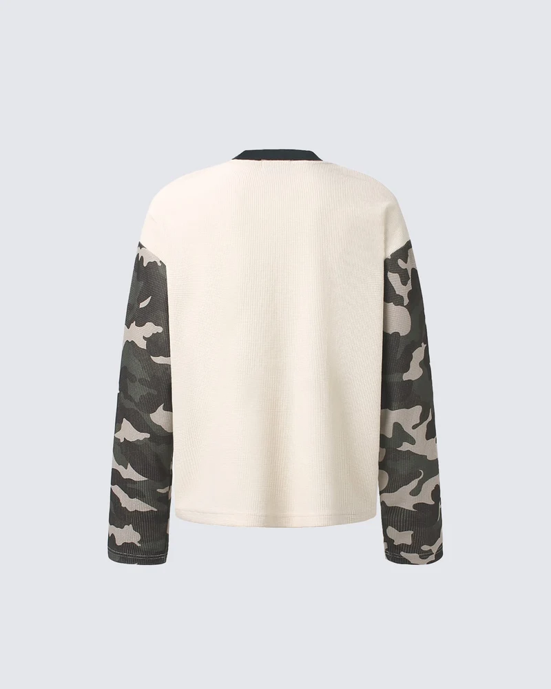 KIIKIO Street Contrast Graphic Waffle Long Sleeve T-Shirt