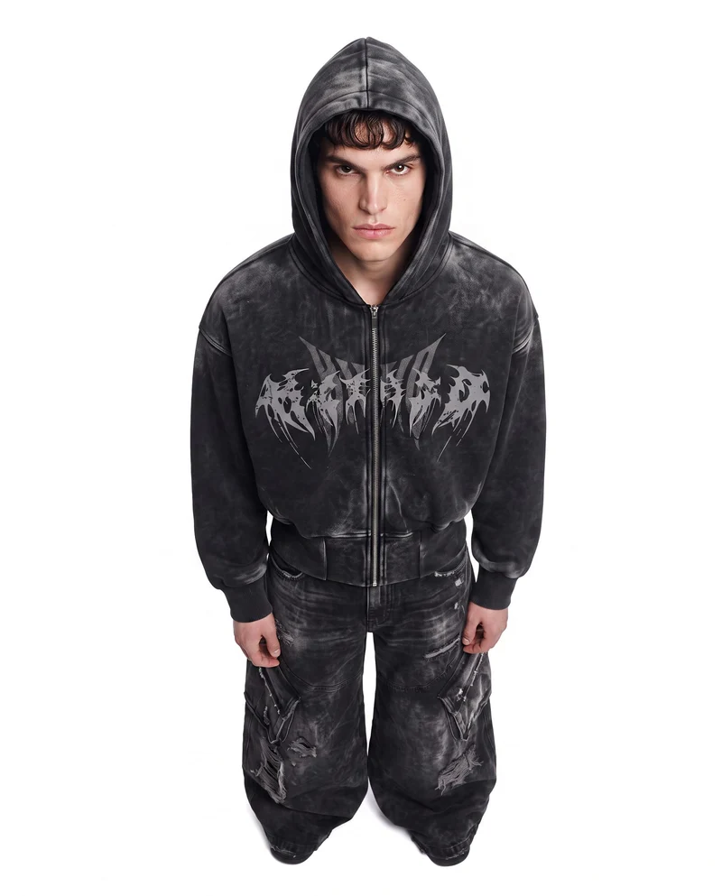 KIIKIO Vintage Washed Graphic Zip-Up Hoodie