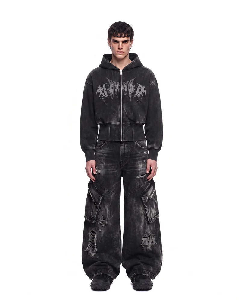KIIKIO Vintage Washed Graphic Zip-Up Hoodie
