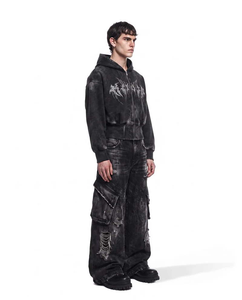 KIIKIO Vintage Washed Graphic Zip-Up Hoodie