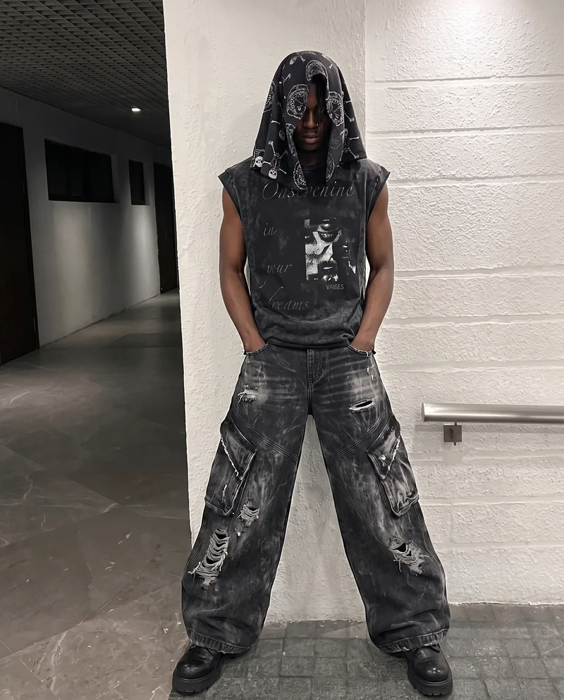 KIIKIO Vintage Streetwear Distressed Cargo Jeans