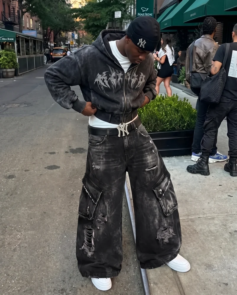 KIIKIO Vintage Streetwear Distressed Cargo Jeans