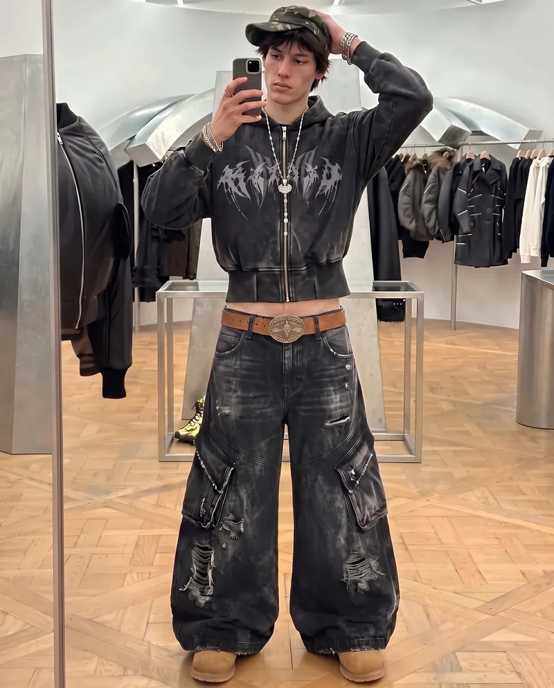 KIIKIO Vintage Streetwear Distressed Cargo Jeans
