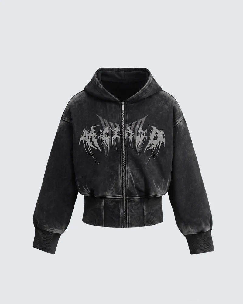 KIIKIO Vintage Washed Graphic Zip-Up Hoodie