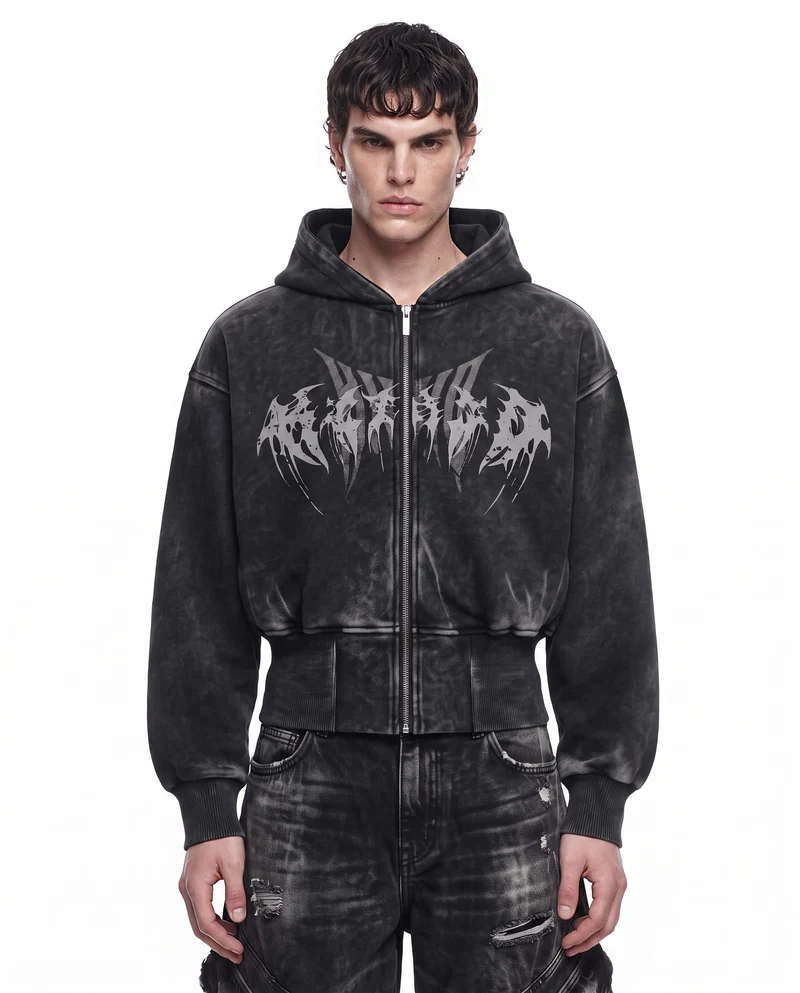 KIIKIO Vintage Washed Graphic Zip-Up Hoodie
