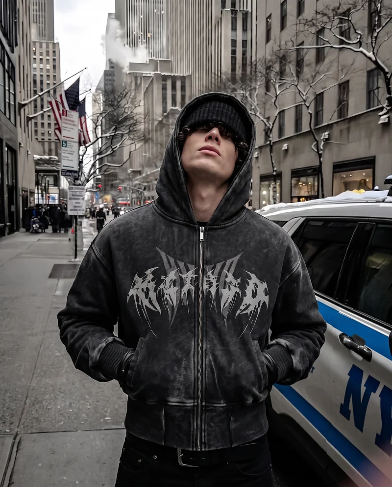 KIIKIO Vintage Washed Graphic Zip-Up Hoodie
