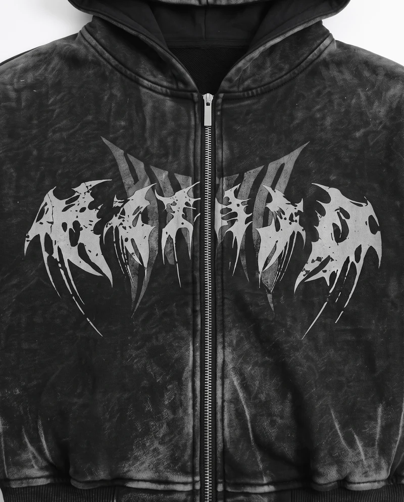 KIIKIO Vintage Washed Graphic Zip-Up Hoodie