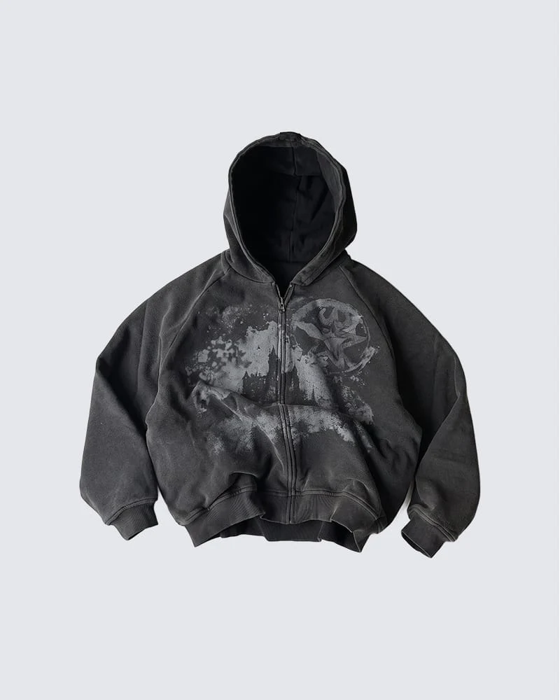 KIIKIO Grunge Washed Graphic Oversized Zip Hoodie