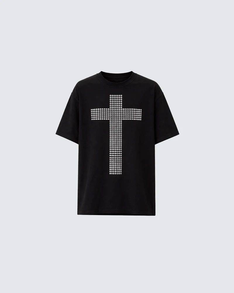 Vintage Cross Rhinestone Black Short Sleeve T-Shirt