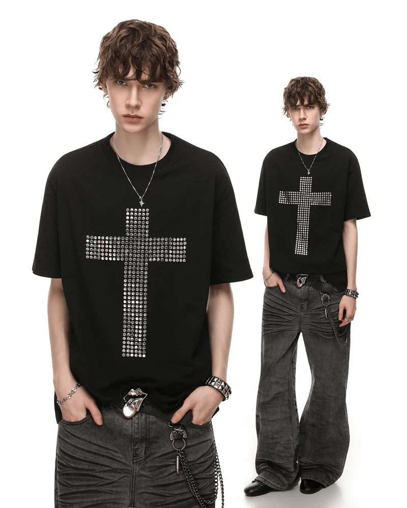 Vintage Cross Rhinestone Black Short Sleeve T-Shirt
