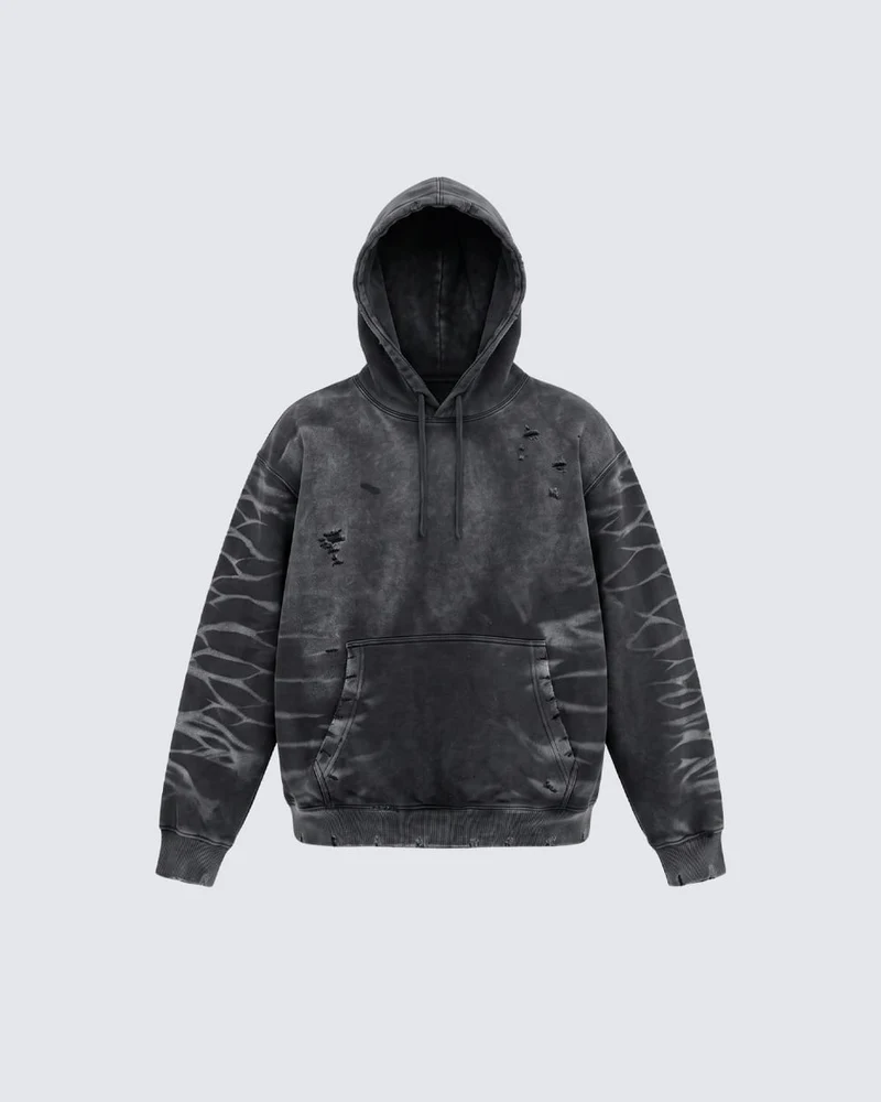 KIIKIO Vintage Washed Tiger Stripe Distressed Pullover Hoodie