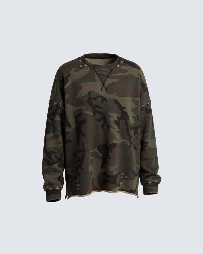 KIIKIO Vintage Distressed Camo Raw Edge Crewneck Sweatshirt