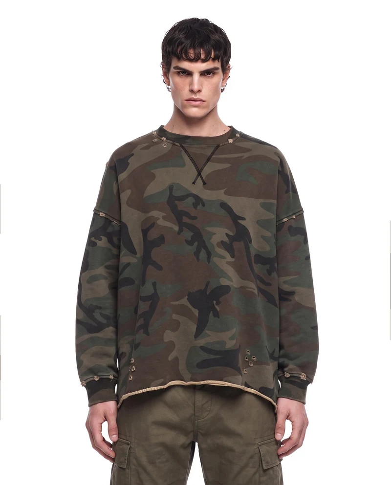 KIIKIO Vintage Distressed Camo Raw Edge Crewneck Sweatshirt