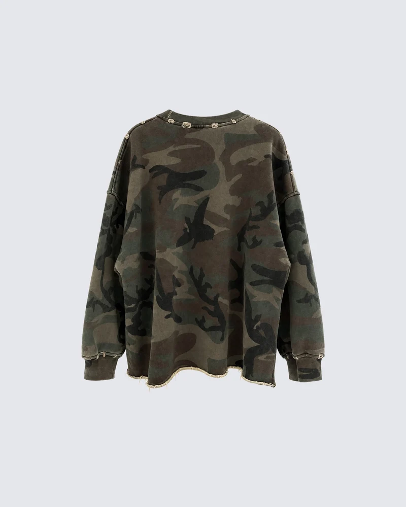 KIIKIO Vintage Distressed Camo Raw Edge Crewneck Sweatshirt
