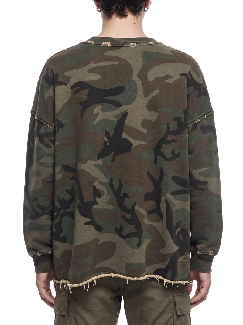 KIIKIO Vintage Distressed Camo Raw Edge Crewneck Sweatshirt