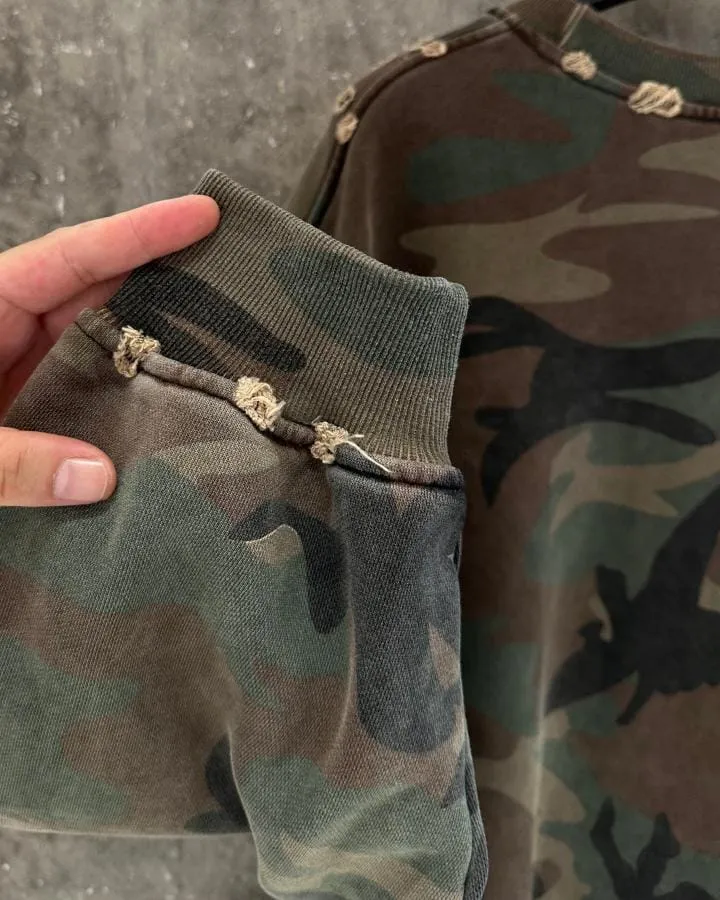 KIIKIO Vintage Distressed Camo Raw Edge Crewneck Sweatshirt