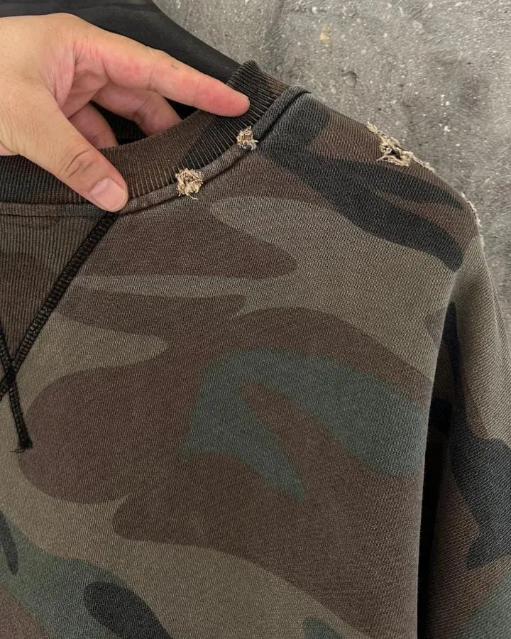 KIIKIO Vintage Distressed Camo Raw Edge Crewneck Sweatshirt
