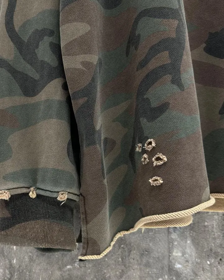 KIIKIO Vintage Distressed Camo Raw Edge Crewneck Sweatshirt