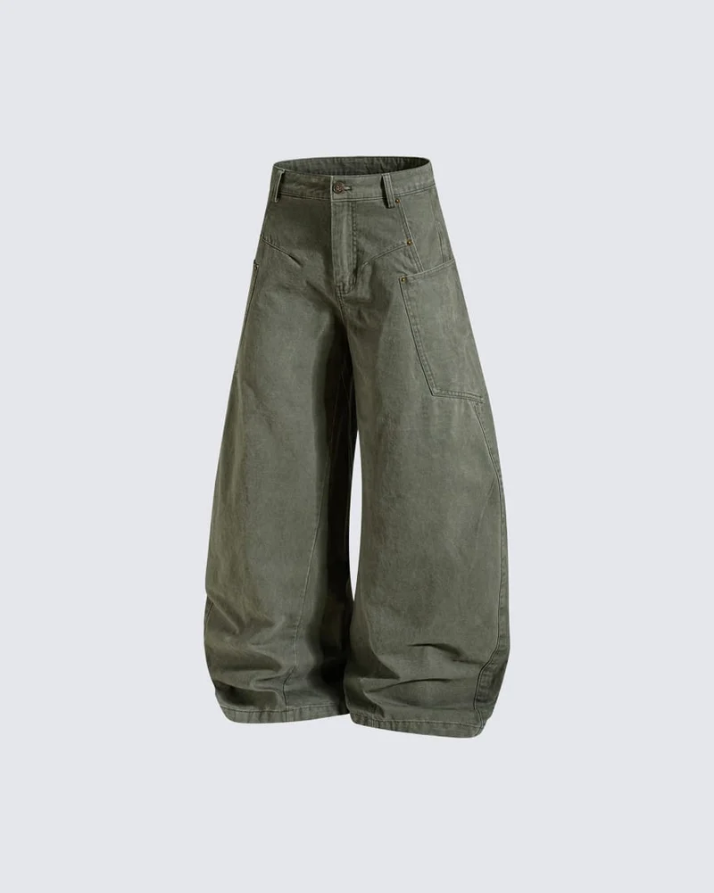 KIIKIO Utility Washed Baggy Curved Leg Pants