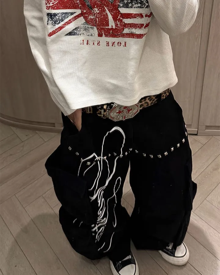 KIIKIO Street Studded Graphic Multi-Pocket Wide-Leg Pants
