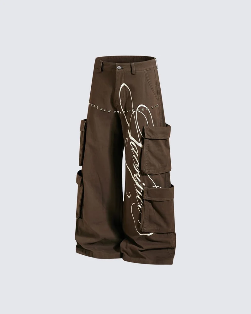 KIIKIO Street Studded Graphic Multi-Pocket Wide-Leg Pants