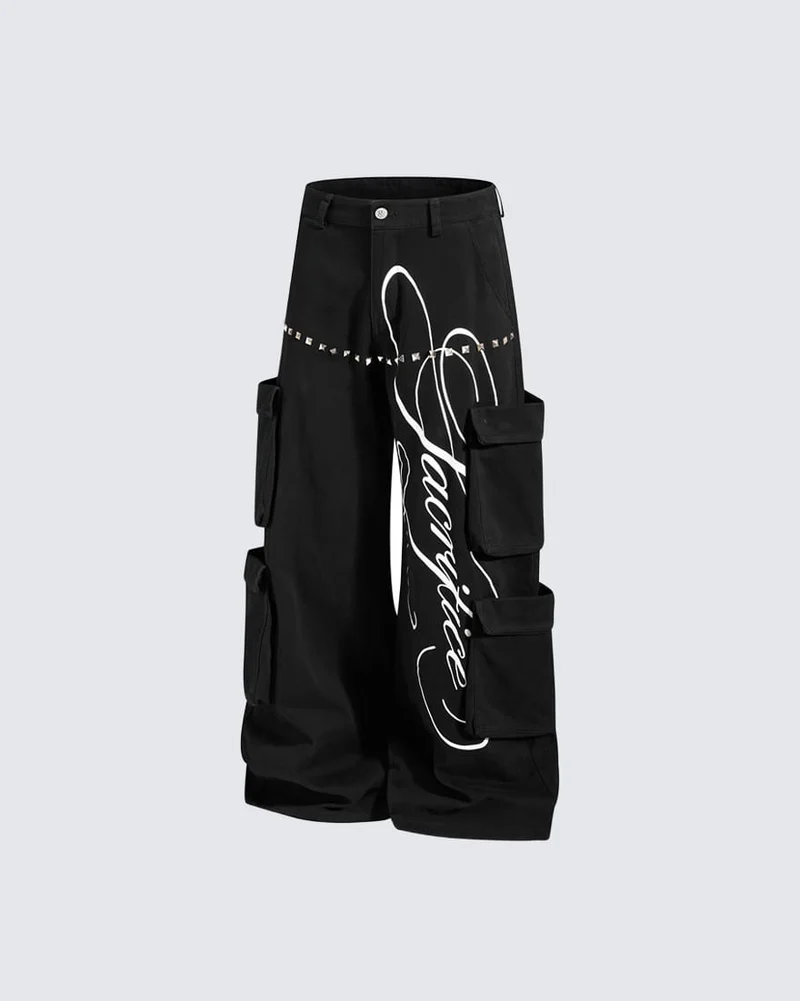 KIIKIO Street Studded Graphic Multi-Pocket Wide-Leg Pants