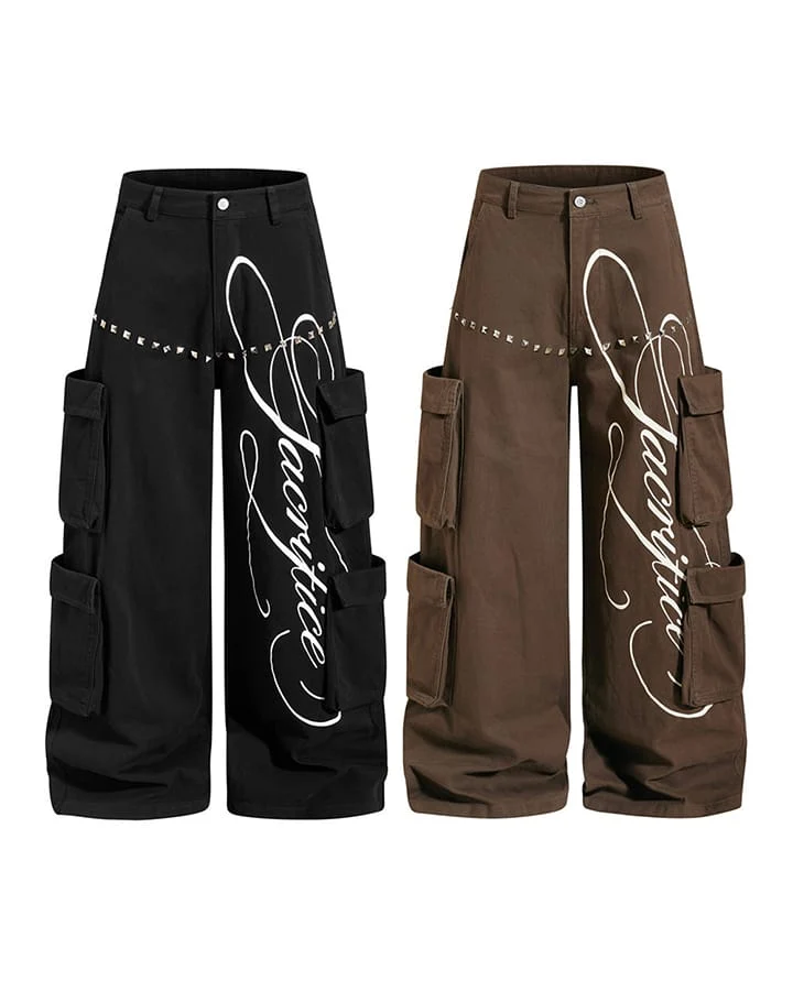 KIIKIO Street Studded Graphic Multi-Pocket Wide-Leg Pants