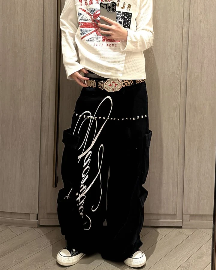 KIIKIO Street Studded Graphic Multi-Pocket Wide-Leg Pants