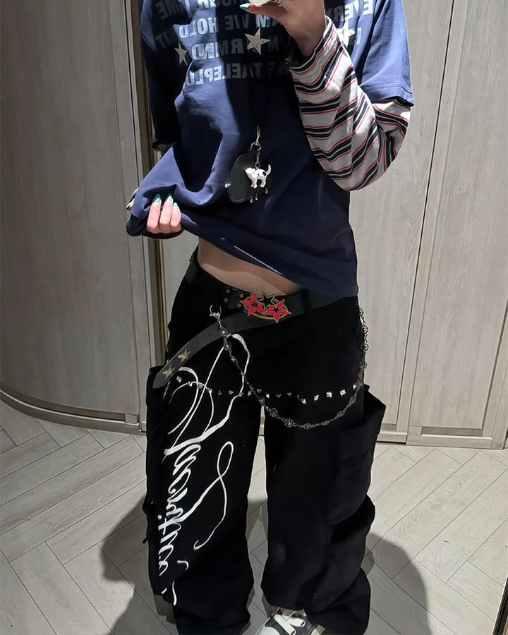 KIIKIO Street Studded Graphic Multi-Pocket Wide-Leg Pants